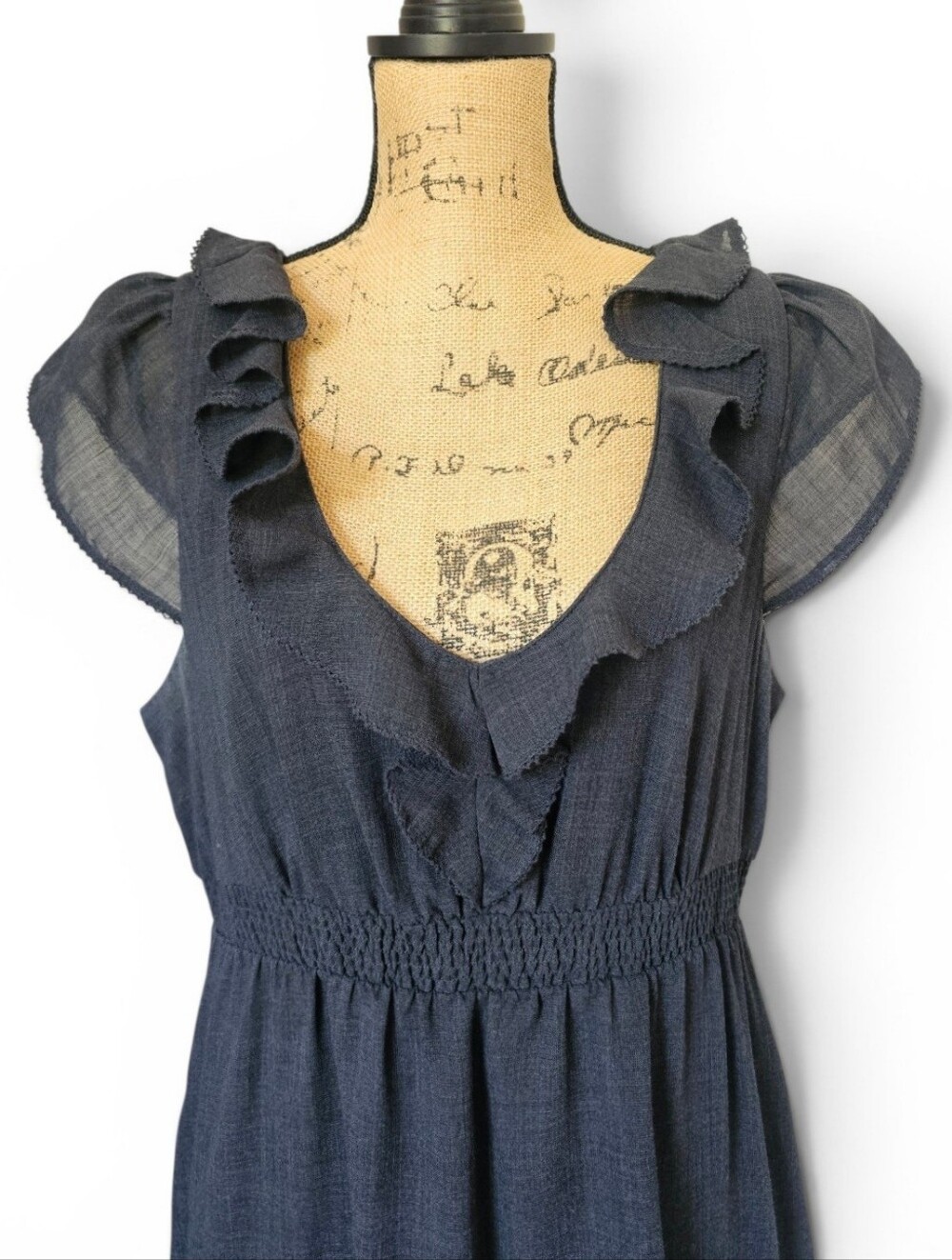Maeve Anthropologie Chic Gray Ruffle Dress Empire Waist Flutter Sleeve, Size 14 - Picture 3 of 7